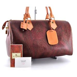 ETRO Paisley Boston Bag PVC Leather Wine Red Brown Used Authentic w/Card EUC